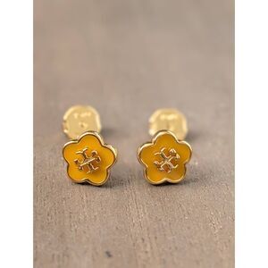 TORY BURCH Kira Yellow Enamel Mini Flower Logo T Stud Earrings